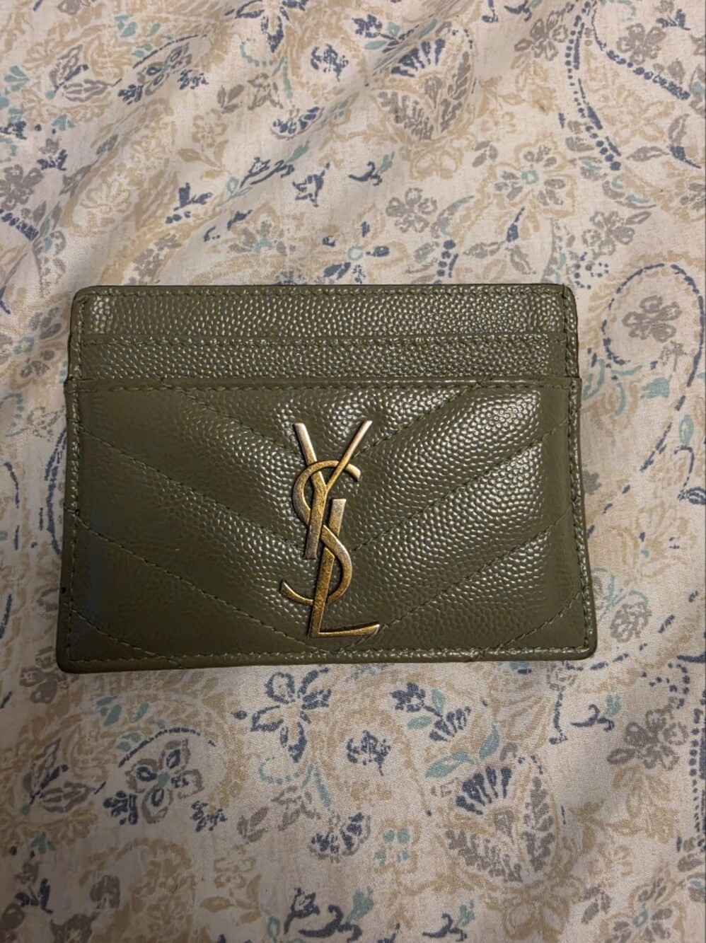 Saint Laurent Olive Quilted Card Holder with Gold YSL Emblem